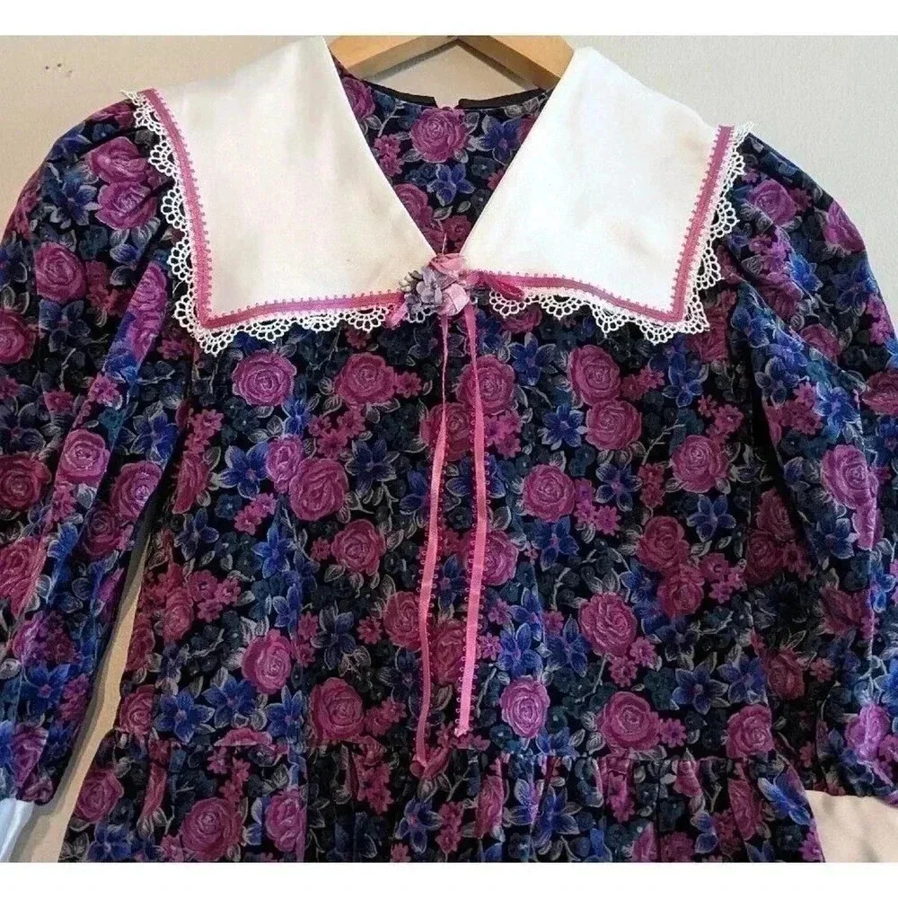Vintage Hi Girls Inc Dark Purple Black Floral Velvet Dress Peter Pan Collar 80s